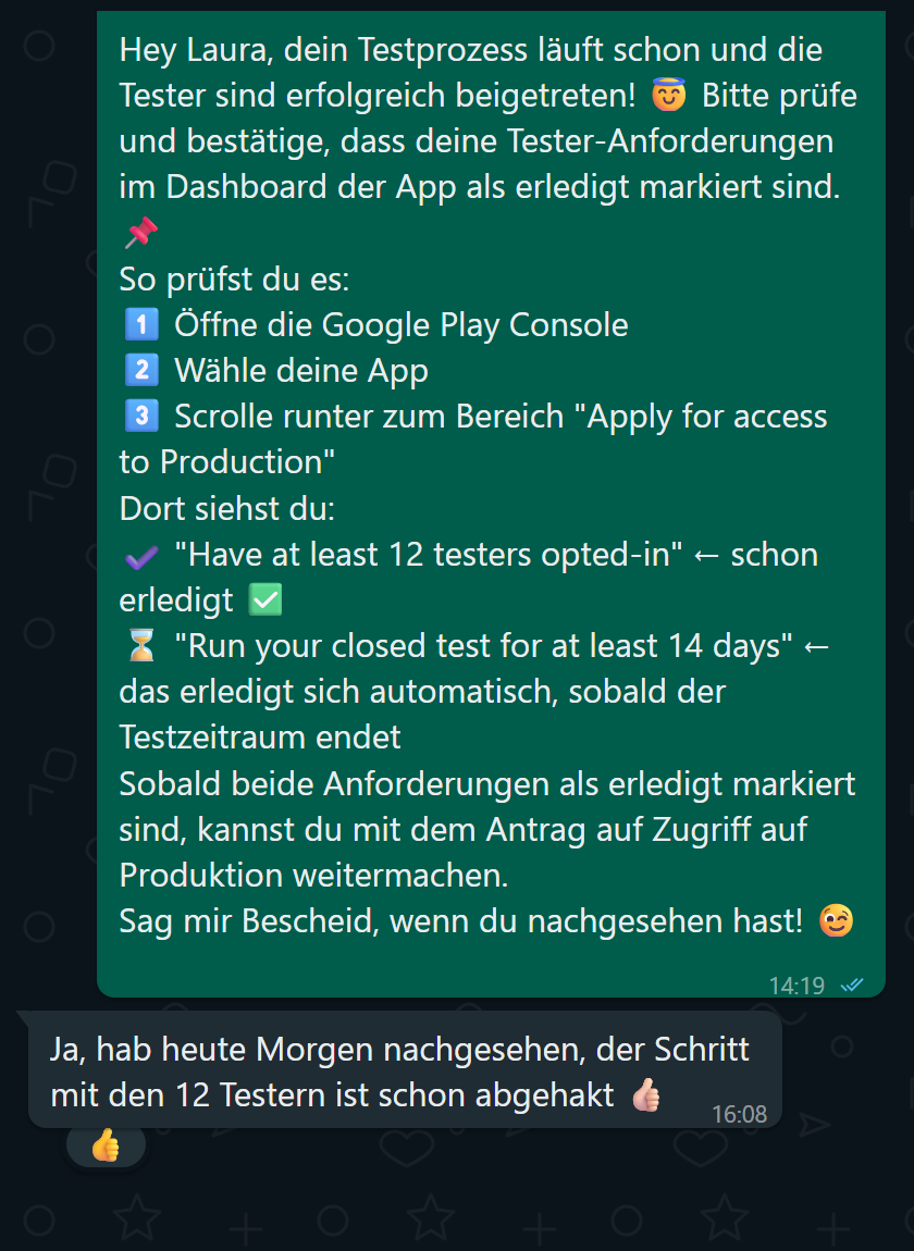 Kundin bestätigt, dass der 12-Tester-Schritt als erledigt markiert wurde