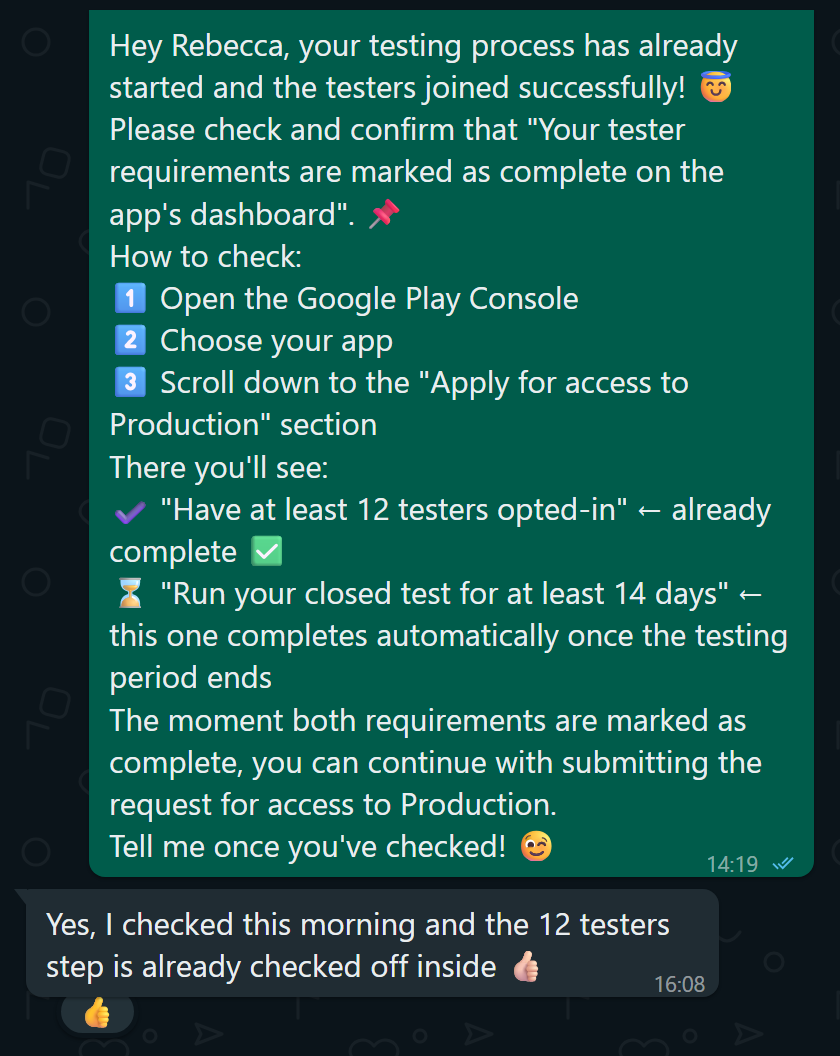 Customer confirming the 12 testers step was marked as done