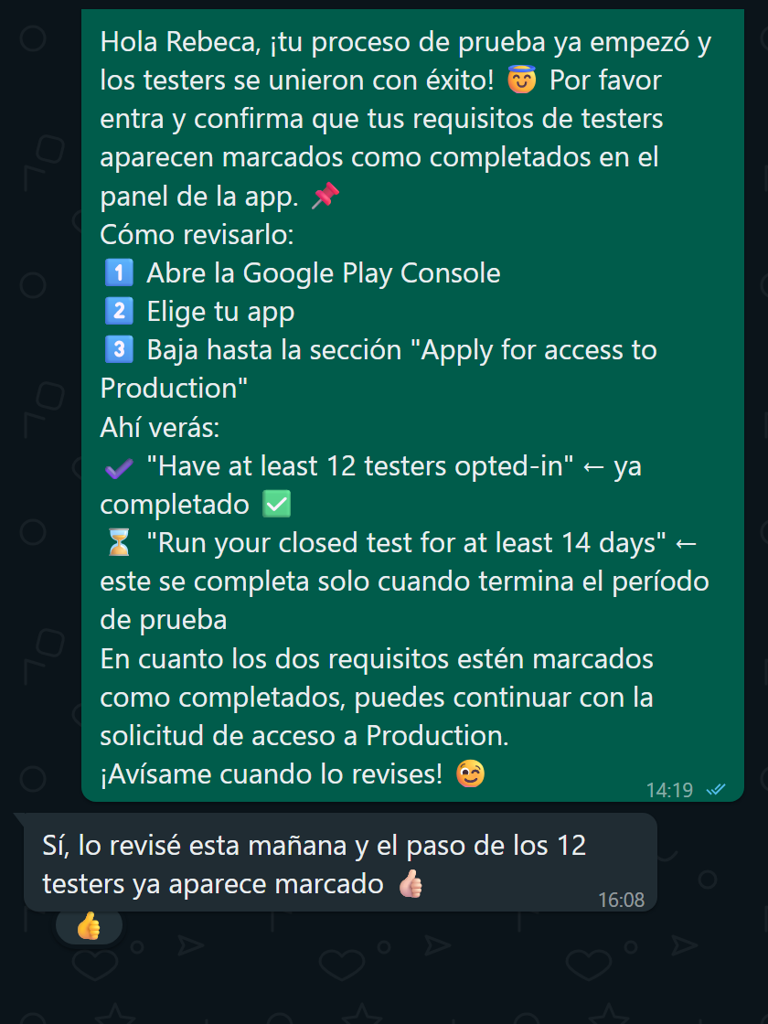 Cliente confirmando que el paso de los 12 testers quedó marcado como completado
