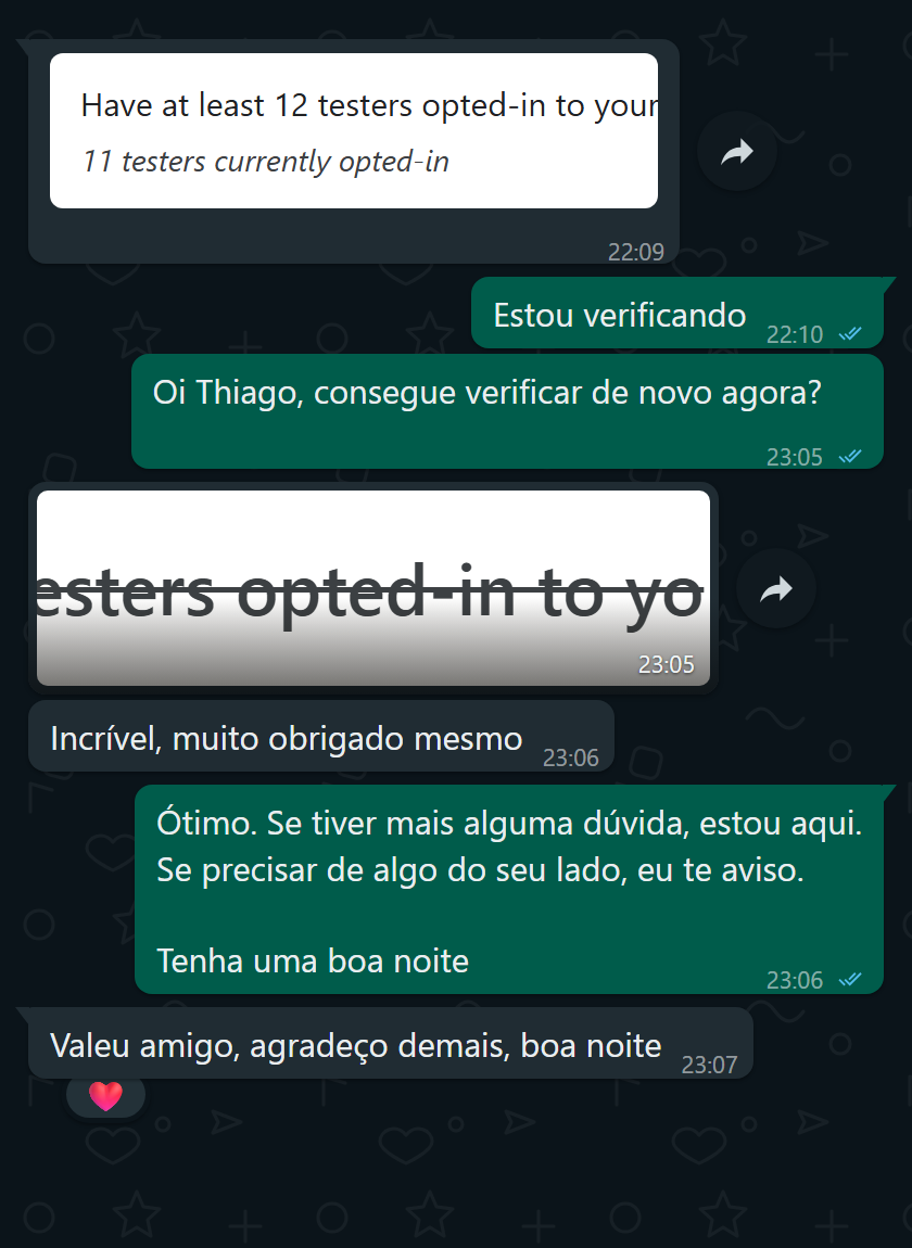 Mensagem de um cliente quando todos os testadores se inscreveram no teste fechado