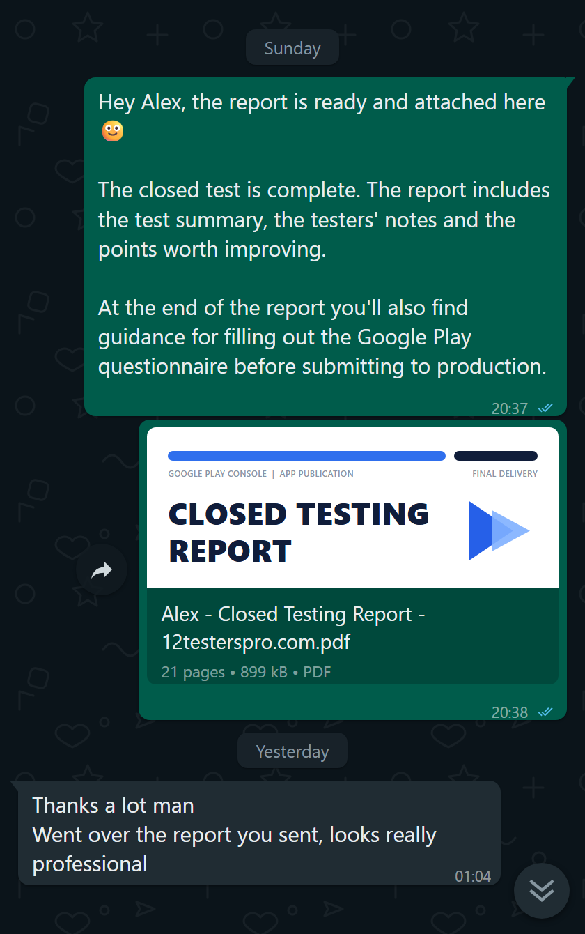 Customer praising the professional premium QA report