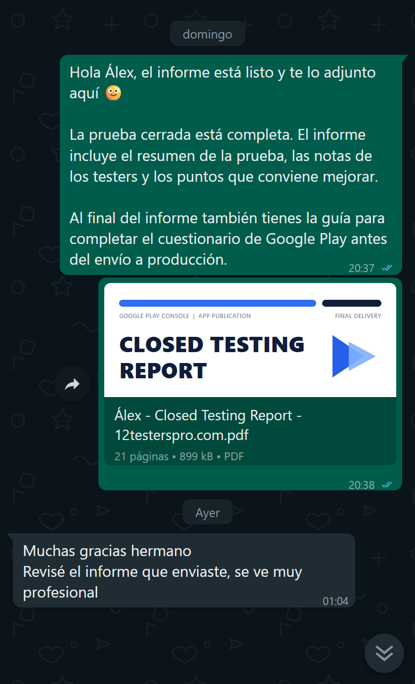 Cliente elogiando el informe QA premium profesional