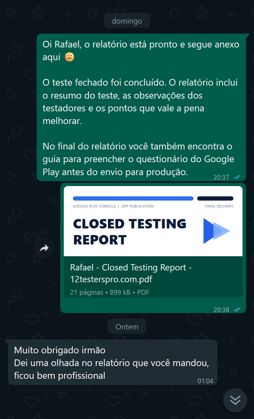 Cliente elogiando o relatório de QA premium profissional