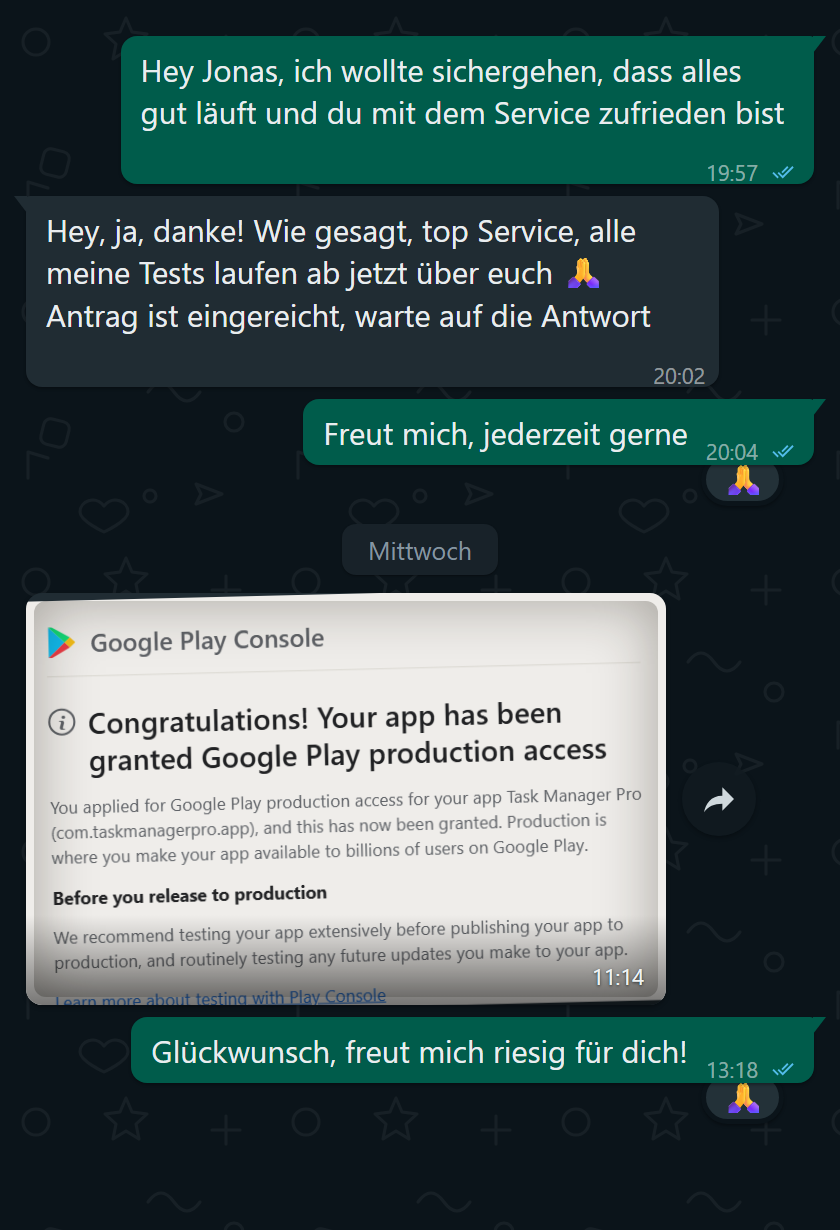 Kundennachricht, die bestätigt, dass Google nach dem Testzyklus Produktionszugriff gewährt hat