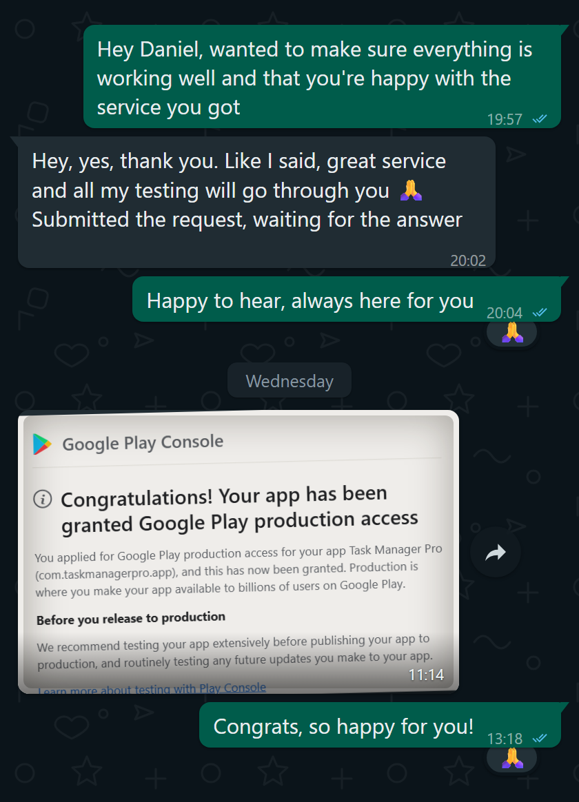 Customer message confirming Google granted production access after the testing cycle