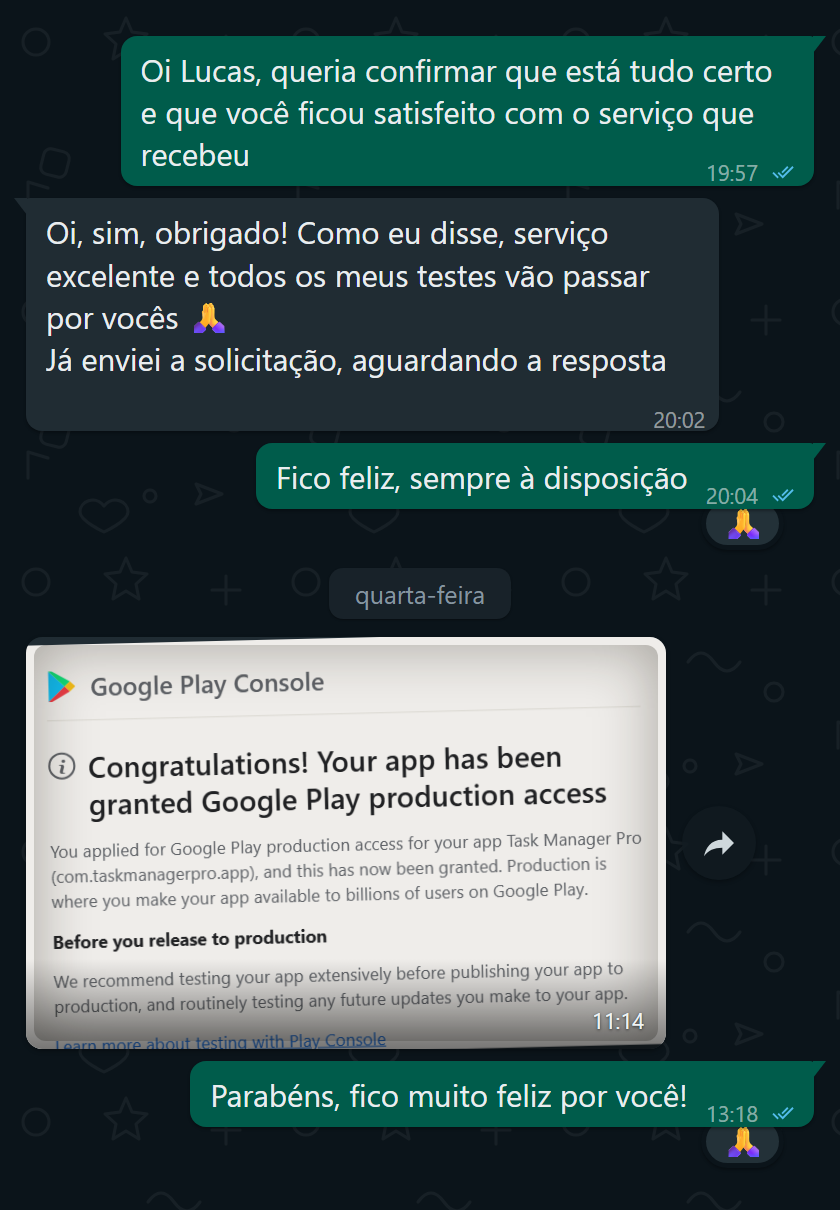 Mensagem de um cliente confirmando que o Google concedeu acesso à produção depois do ciclo de teste
