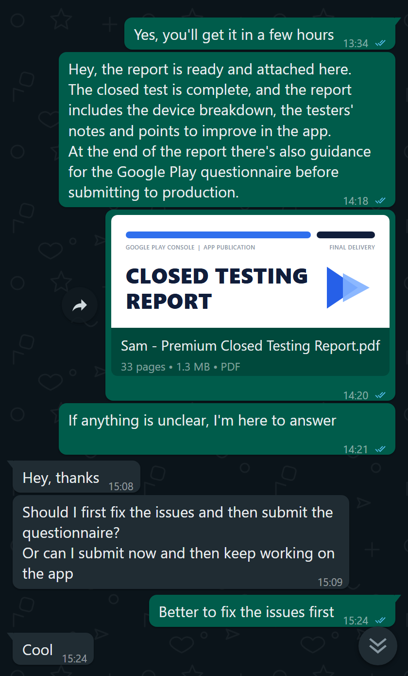Customer receiving a Closed Testing report after the cycle