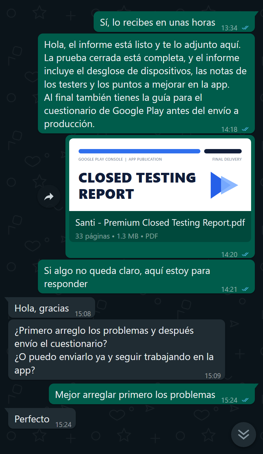 Cliente recibiendo el informe de prueba cerrada al final del ciclo