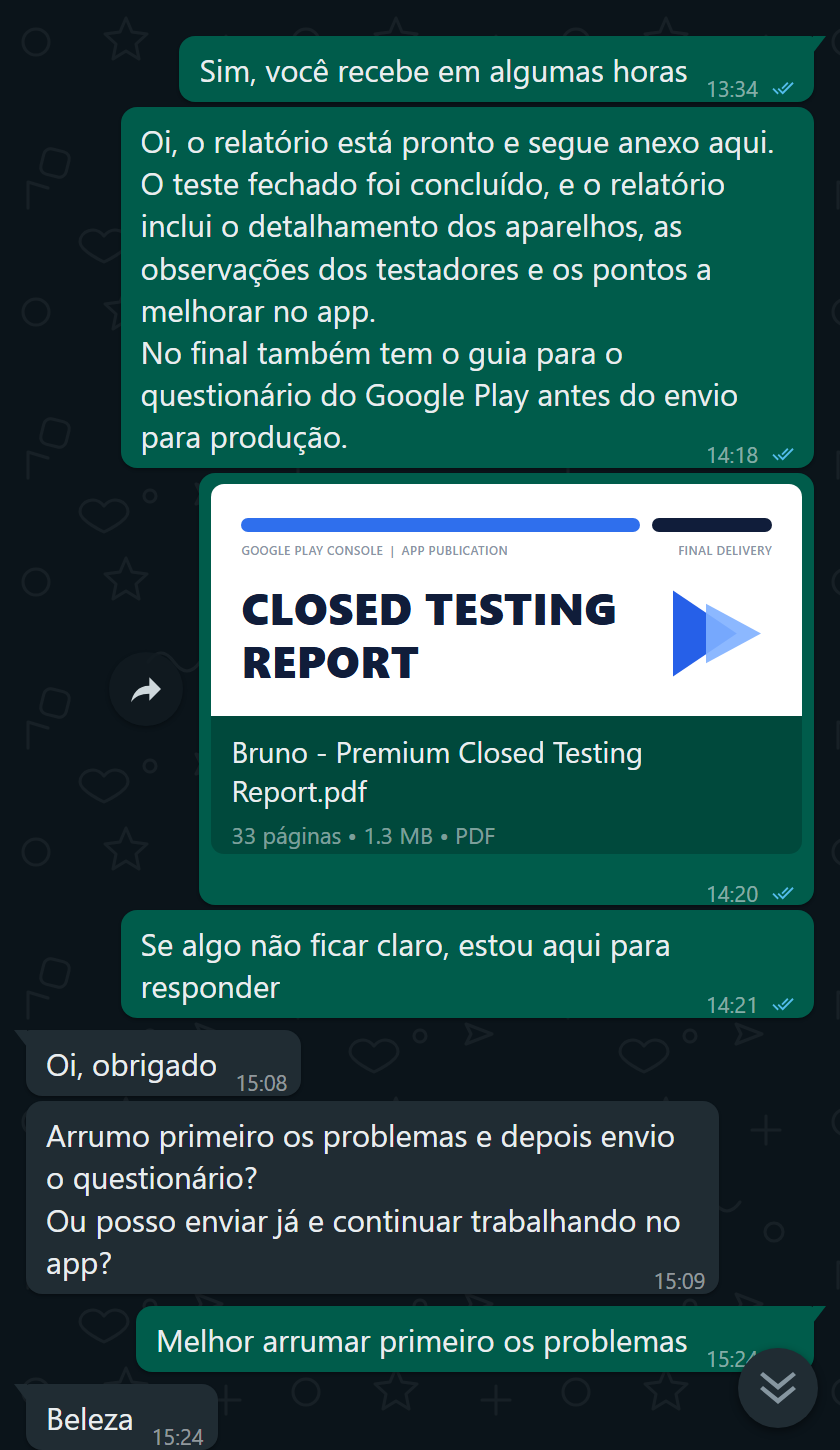Cliente recebendo o relatório de teste fechado no final do ciclo